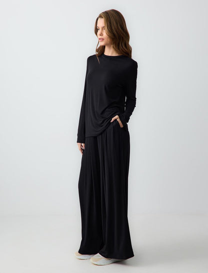 Relaxed Fit High Waist Wide Leg Pleated Knitted Pants