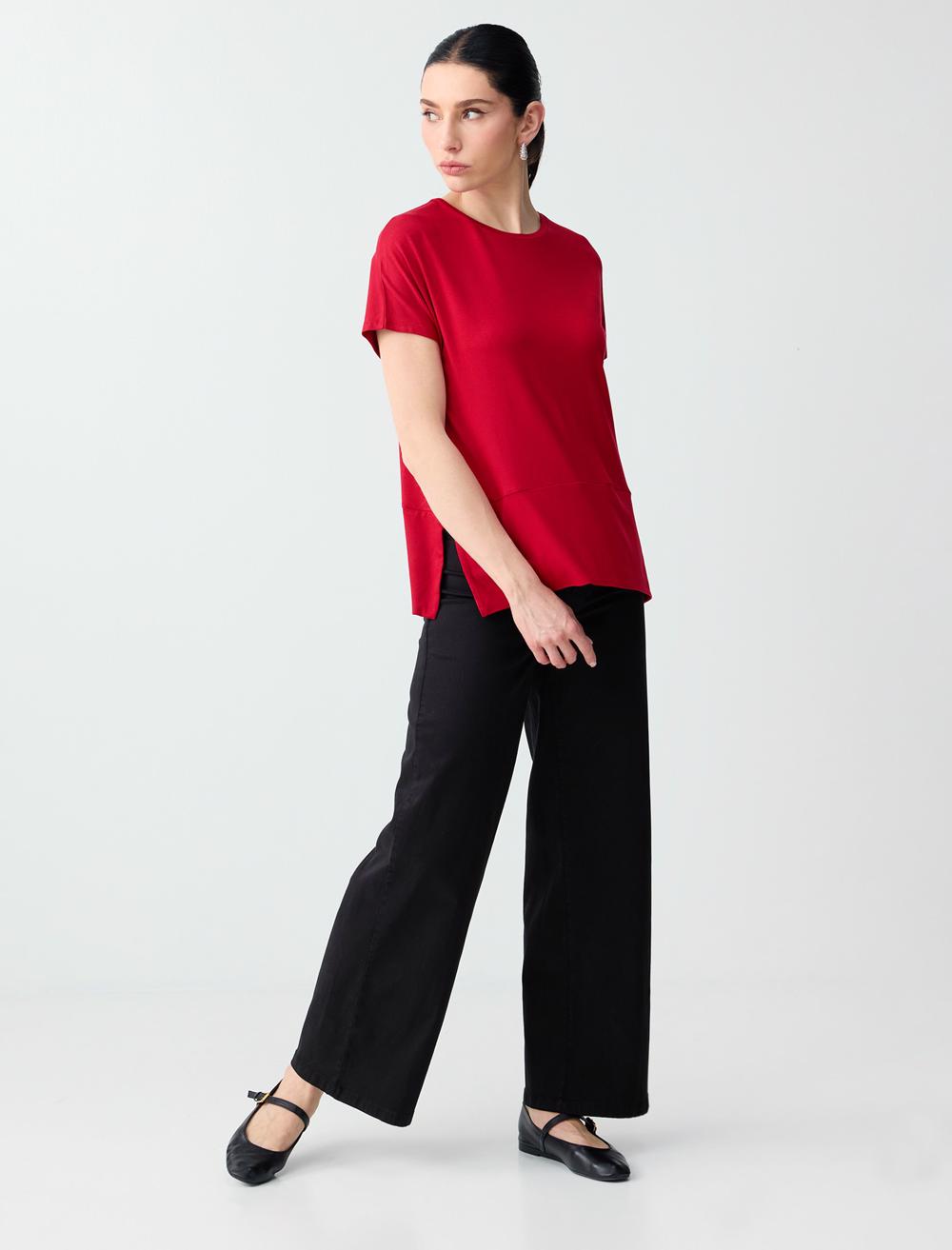 Loose Fit Crew Neck Blouse - Red - 6SW037212600