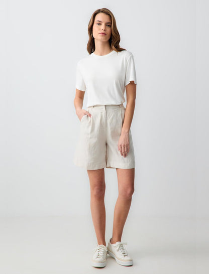 Straight Cut High Waist Wide Leg Woven Linen Shorts