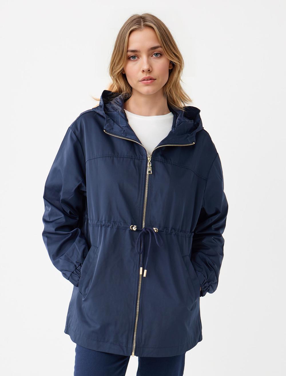 Loose Fit Hood Long-Sleeve Waterproof jacket - Navy Blue