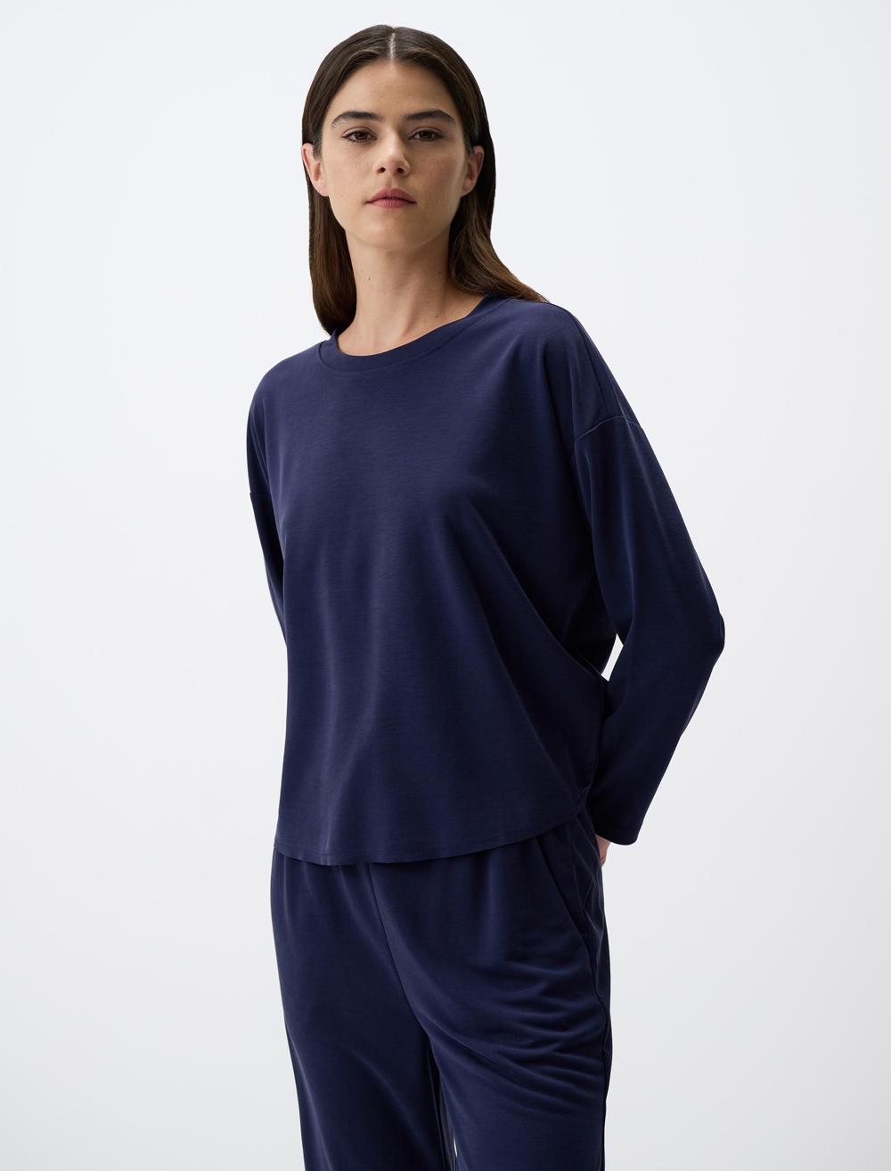 Loose Fit Crew Neck Long Sleeved Comfy Jersey Sweatshirt - Dark Blue