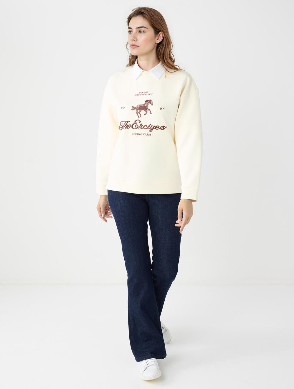 Crew Neck Long-Sleeve Sweatshirt - Ecru - 5WW235767114