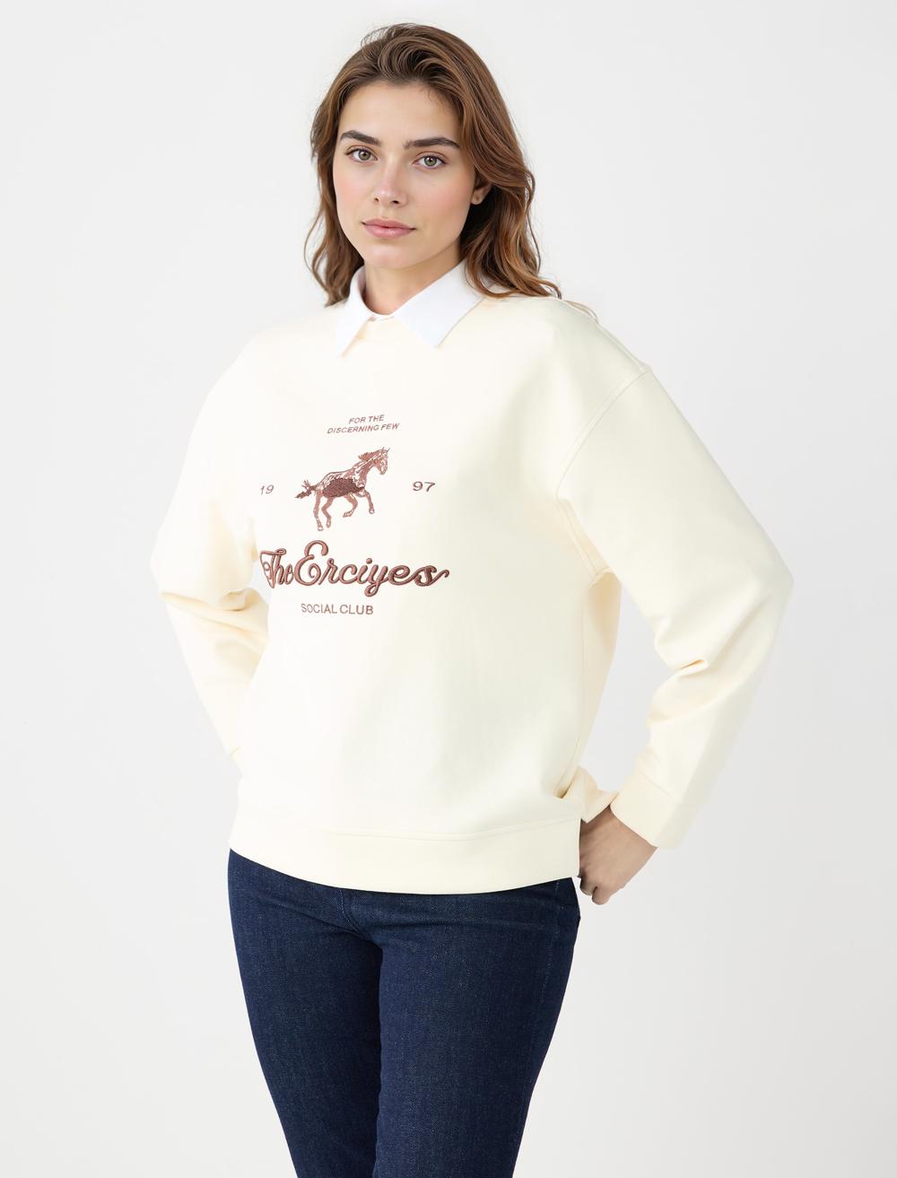 Crew Neck Long-Sleeve Sweatshirt - Ecru - 5WW235767114