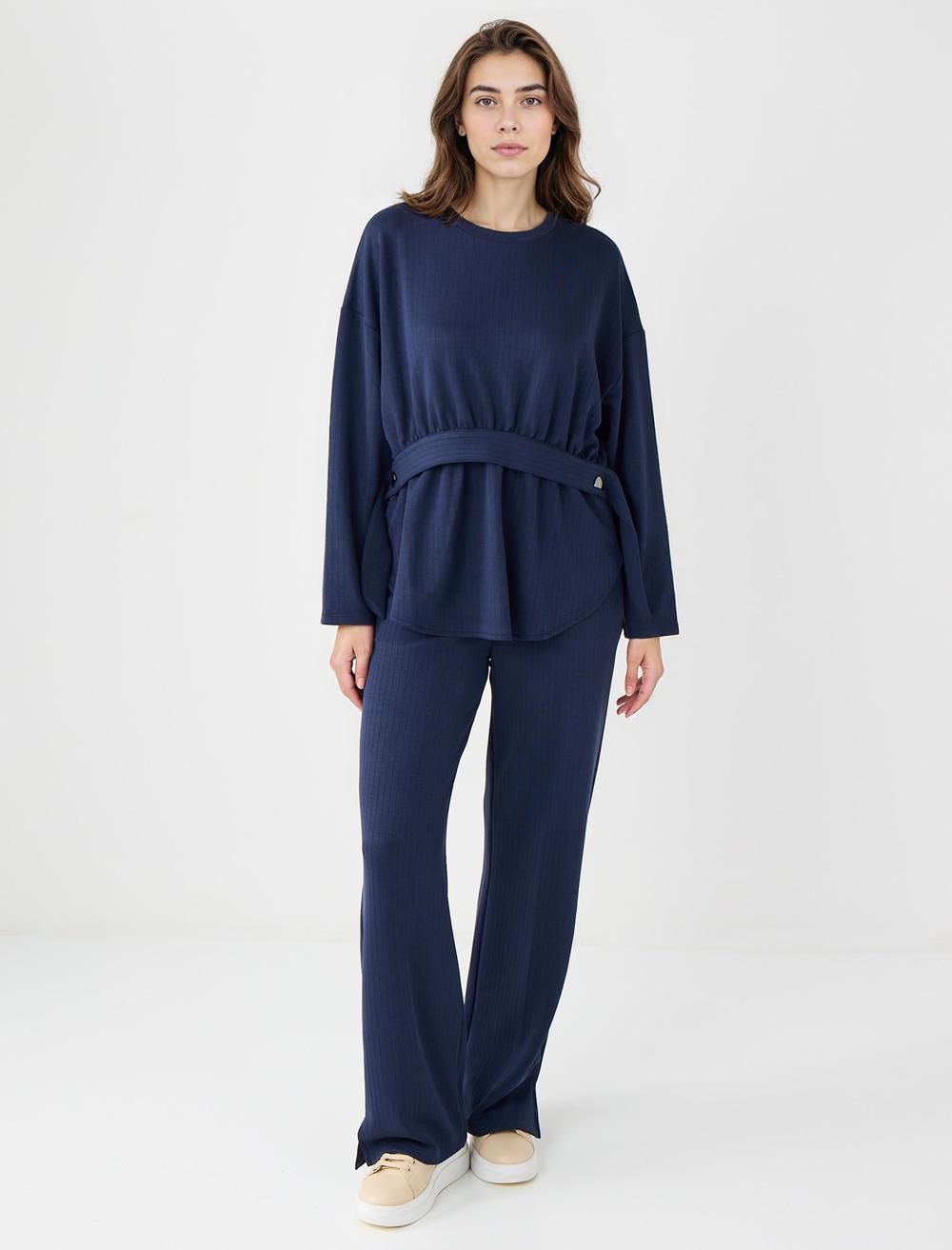 Loose Fit Crew Neck Long-Sleeve Sweatshirt - Dark Blue - 5WW236023494