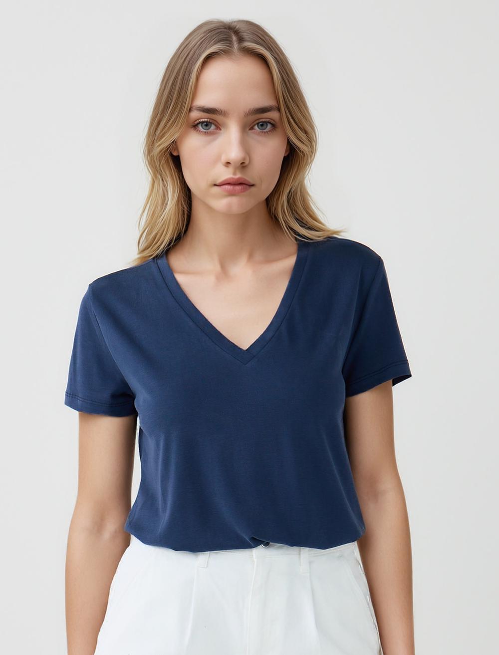 Straight Fit V-Neck Short Sleeved Basic T-Shirt - Dark Blue