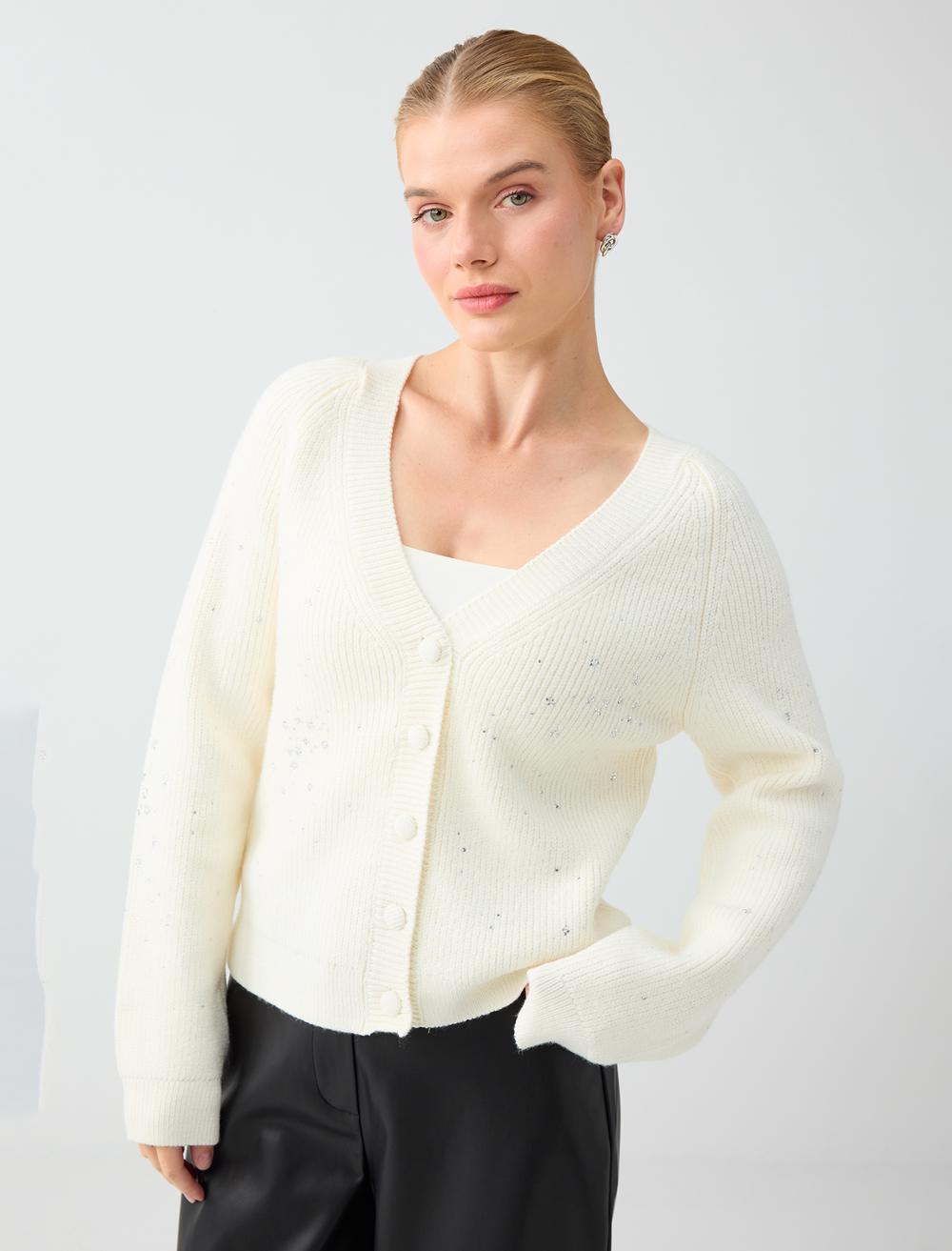 V-neck Cardigan - White - 6WW137977106