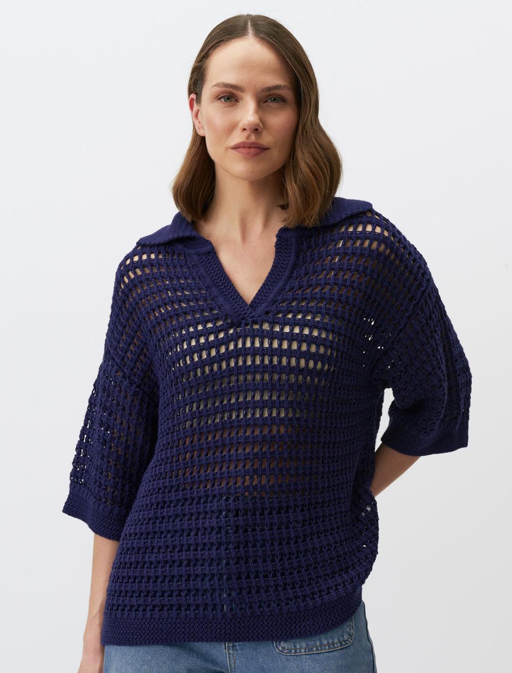 Polo Collar 3/4 Sleeve Openwork Sweater T-Shirt