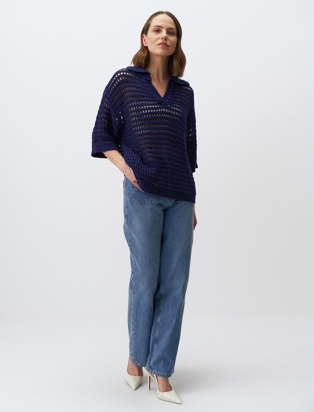 Polo Collar 3/4 Sleeve Openwork Sweater T-Shirt