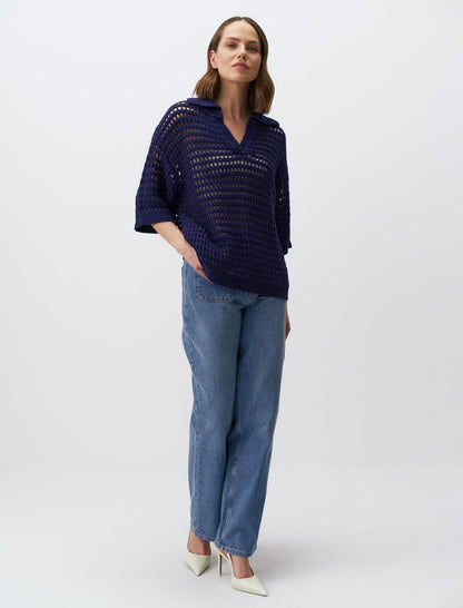 Polo Collar 3/4 Sleeve Openwork Sweater T-Shirt