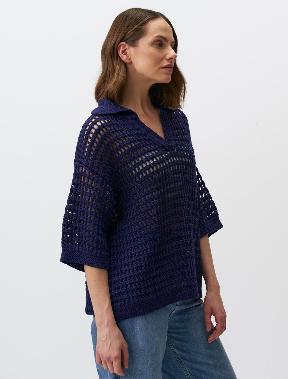 Polo Collar 3/4 Sleeve Openwork Sweater T-Shirt