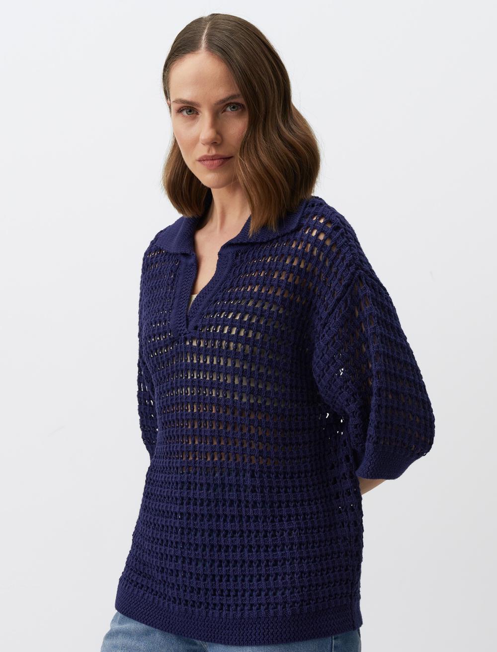 Polo Collar 3/4 Sleeve Openwork Sweater T-Shirt - Dark Blue