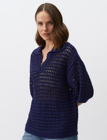 Polo Collar 3/4 Sleeve Openwork Sweater T-Shirt