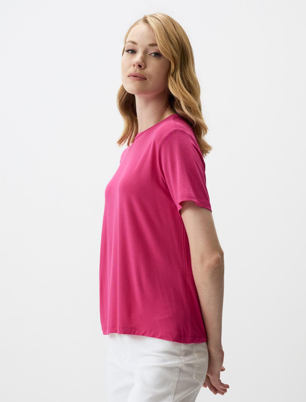 Crew Neck Short Sleeve Basic T-Shirt - Fuchsia - 4WW032757599