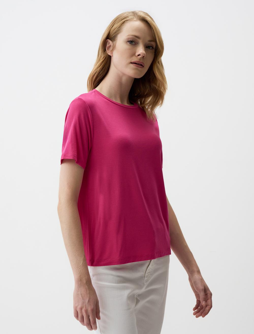 Crew Neck Short Sleeve Basic T-Shirt - Fuchsia - 4WW032757599