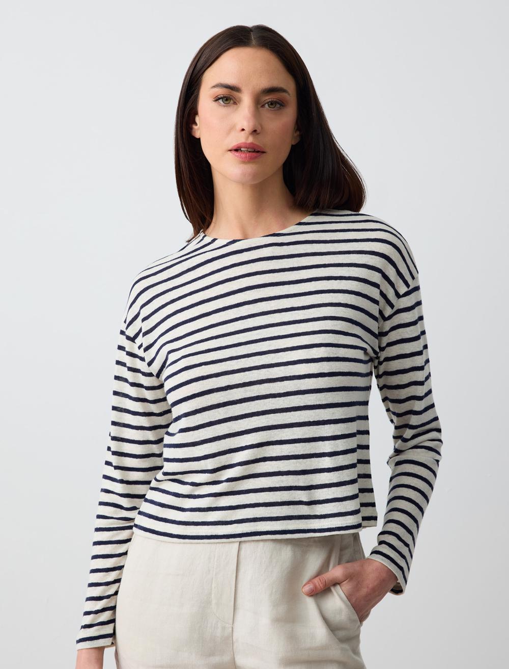 Crew Neck Long Sleeve Line Patterned Linen Knitted T-Shirt