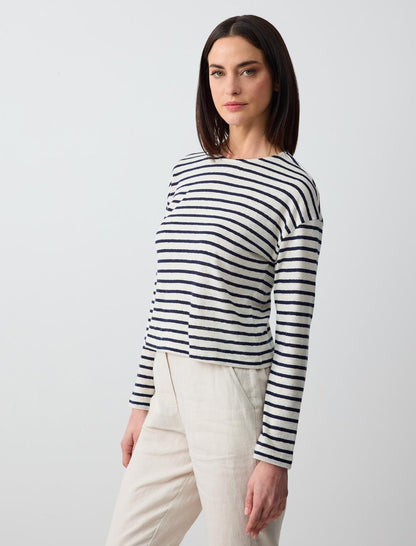 Crew Neck Long Sleeve Line Patterned Linen Knitted T-Shirt