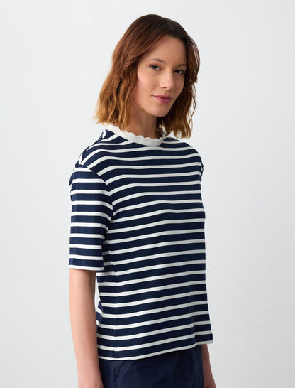 Knitted T-shirt with Knit Collar Short Sleeve Striped Pattern