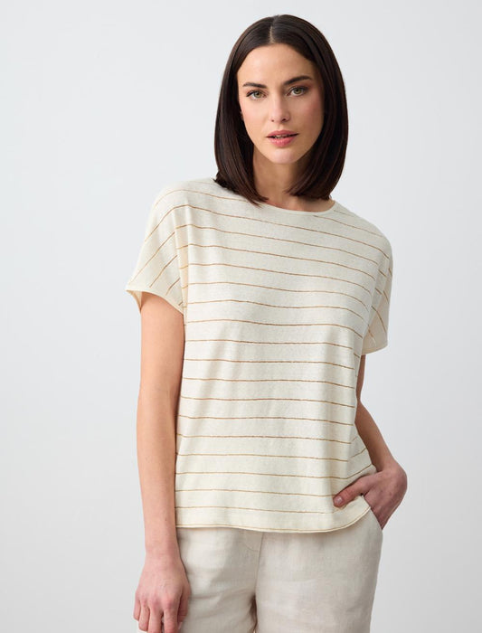 Round Neck Line Patterned Short Sleeve Linen T-Shirt