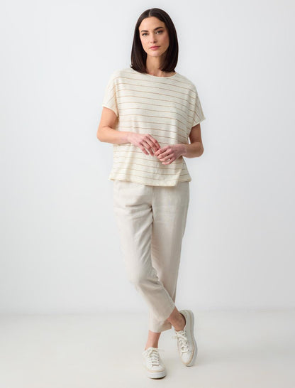 Round Neck Line Patterned Short Sleeve Linen T-Shirt