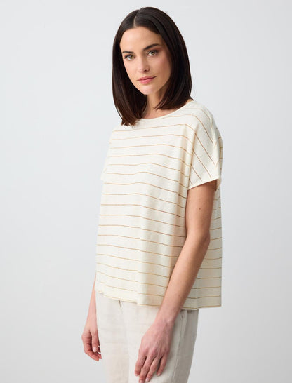Round Neck Line Patterned Short Sleeve Linen T-Shirt