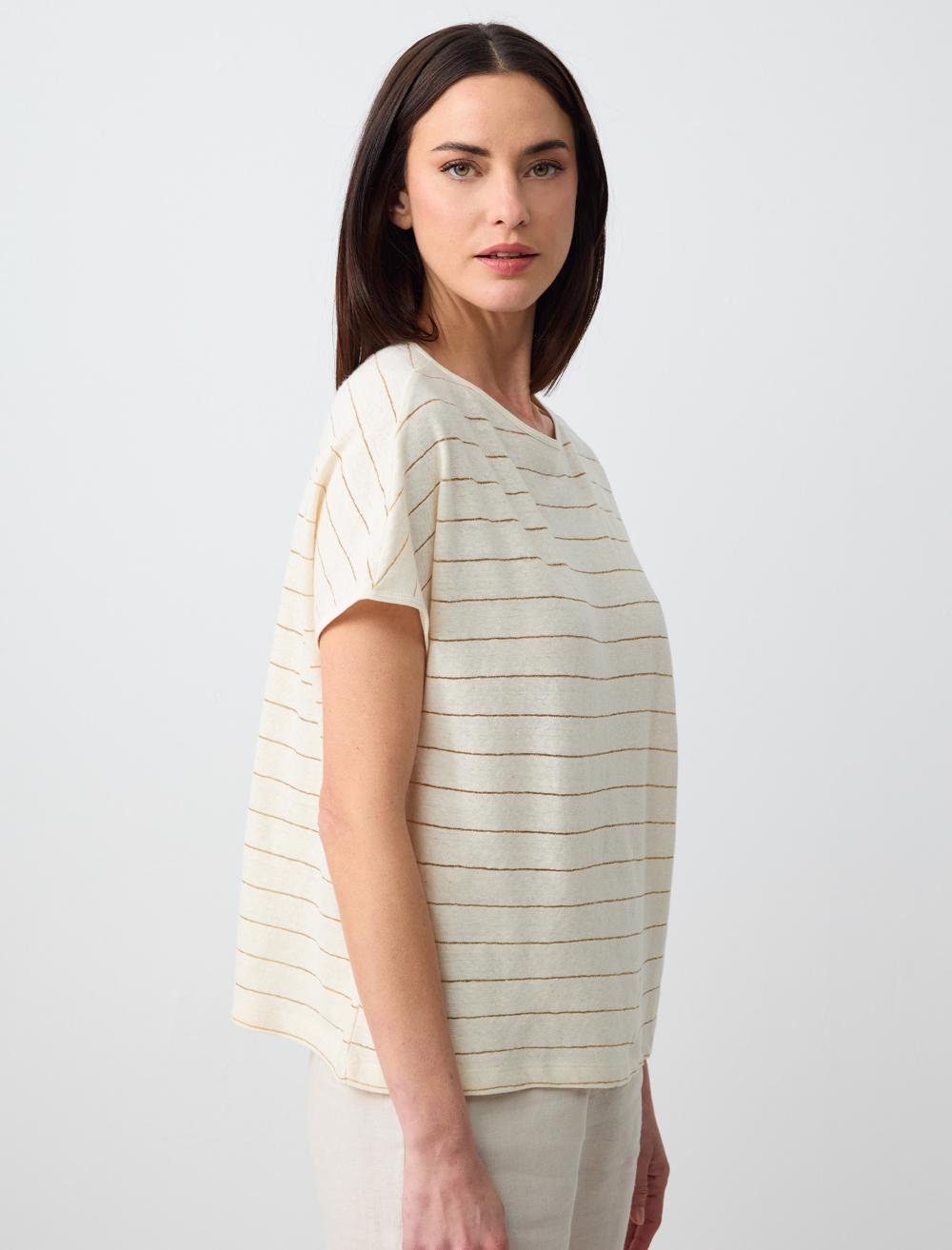 Round Neck Line Patterned Short Sleeve Linen T-Shirt