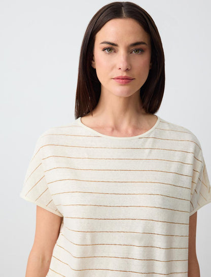Round Neck Line Patterned Short Sleeve Linen T-Shirt