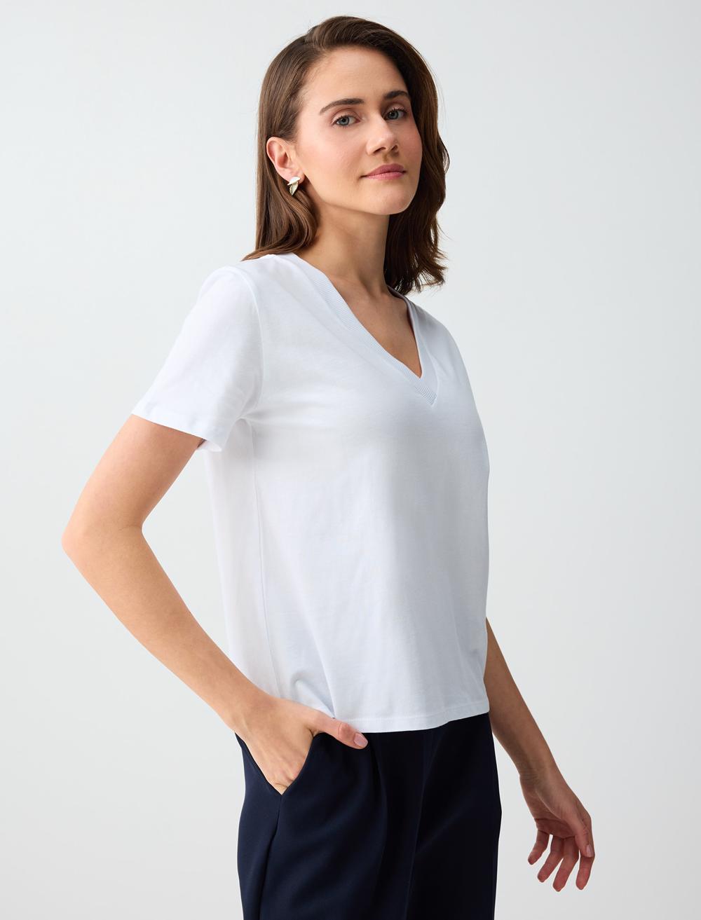 Normal Fit V-Neck Short Sleeve T-shirt - White - 6SW276791106