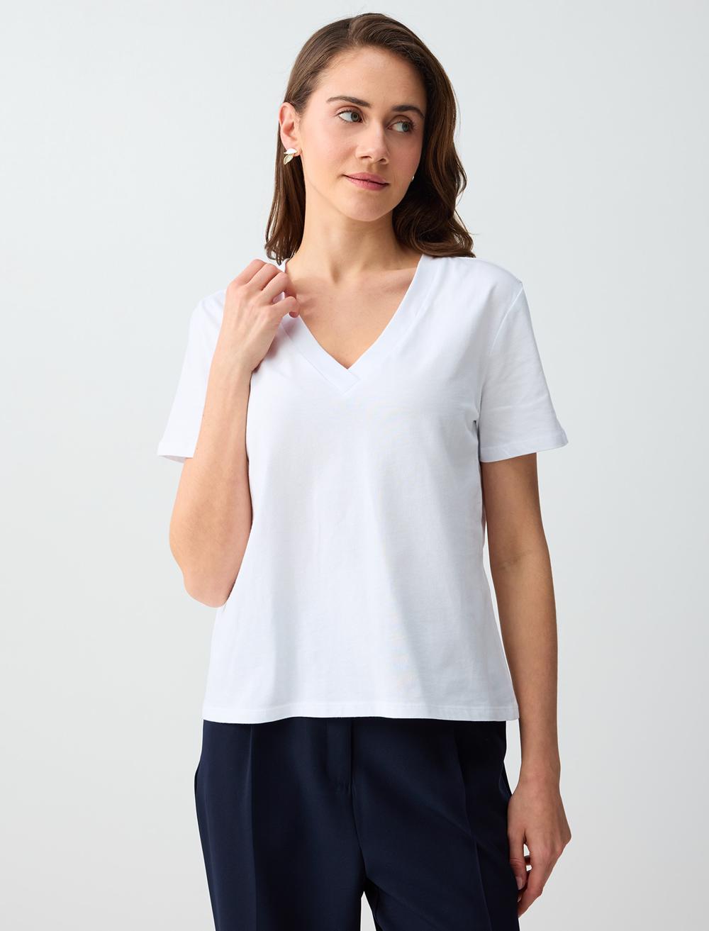 Normal Fit V-Neck Short Sleeve T-shirt - White - 6SW276791106