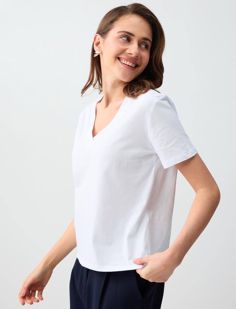 Normal Fit V-Neck Short Sleeve T-shirt - White - 6SW276791106