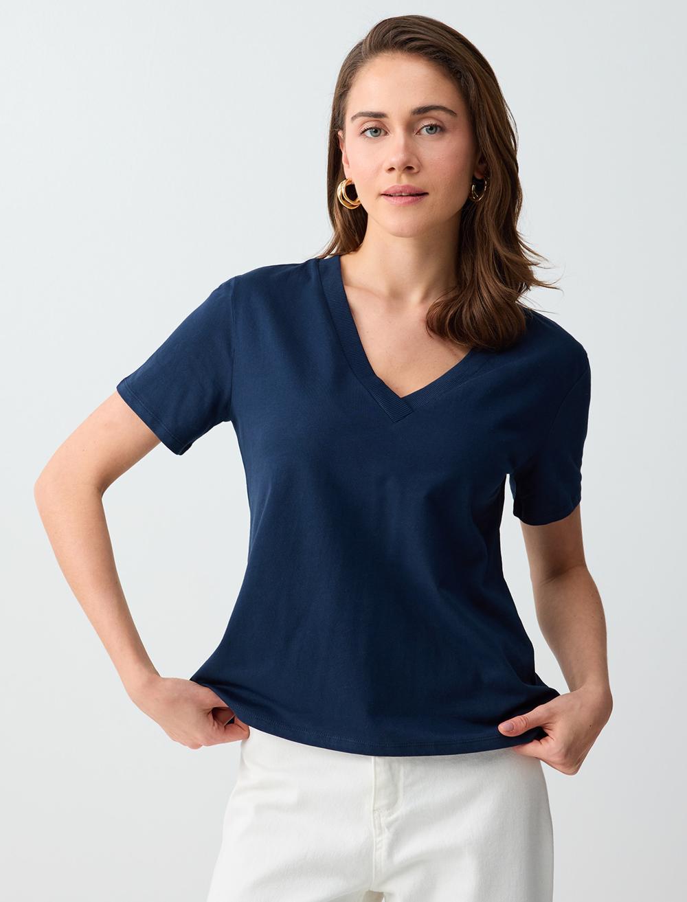 Normal Fit V-Neck Short Sleeve T-shirt - Dark Blue - 6SW276791494