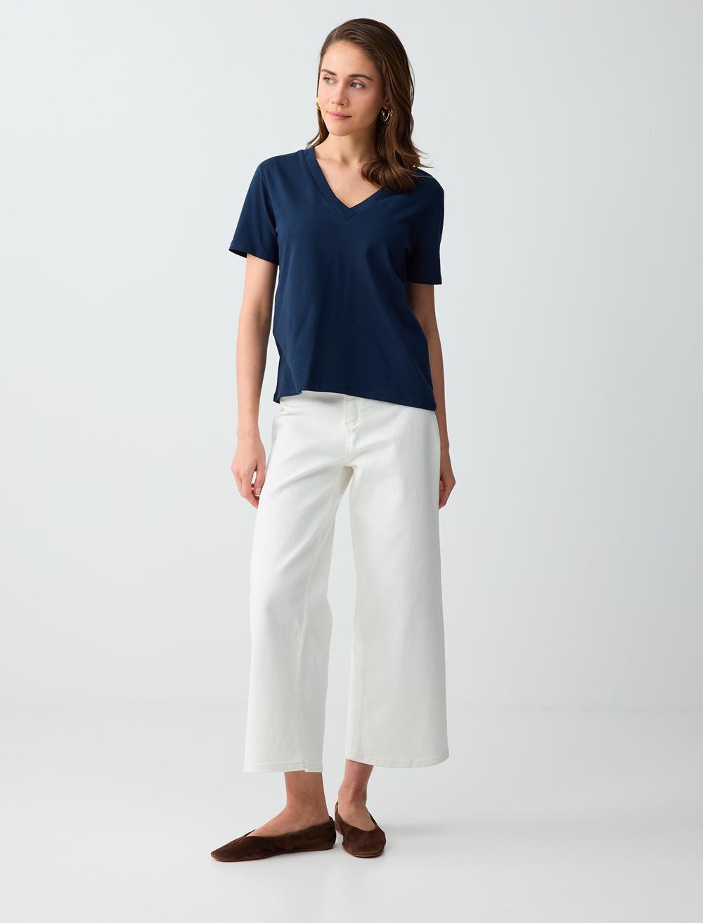 Normal Fit V-Neck Short Sleeve T-shirt - Dark Blue - 6SW276791494