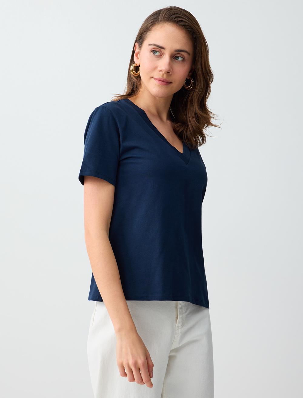 Normal Fit V-Neck Short Sleeve T-shirt - Dark Blue - 6SW276791494