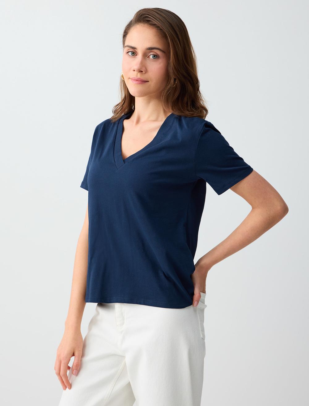 Normal Fit V-Neck Short Sleeve T-shirt - Dark Blue - 6SW276791494