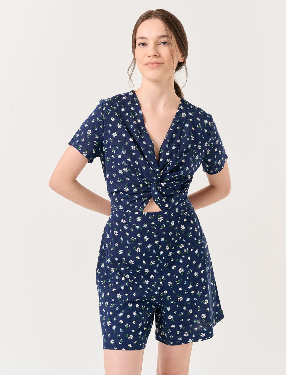Short Sleeve Floral Print Short Jumpsuit - 23SO031001