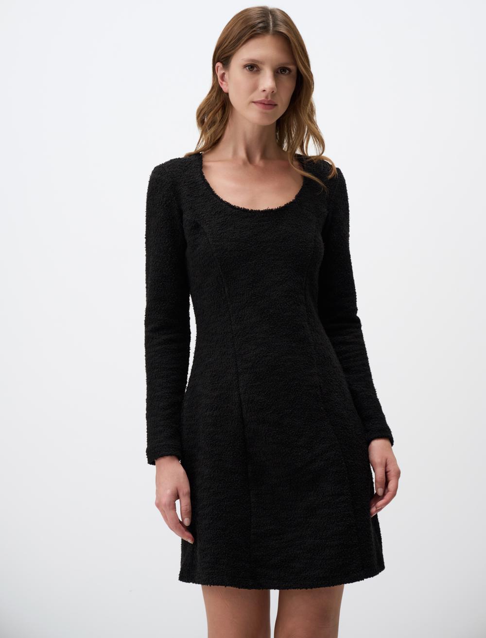 U Neck Long Sleeve Knitted Mini Dress