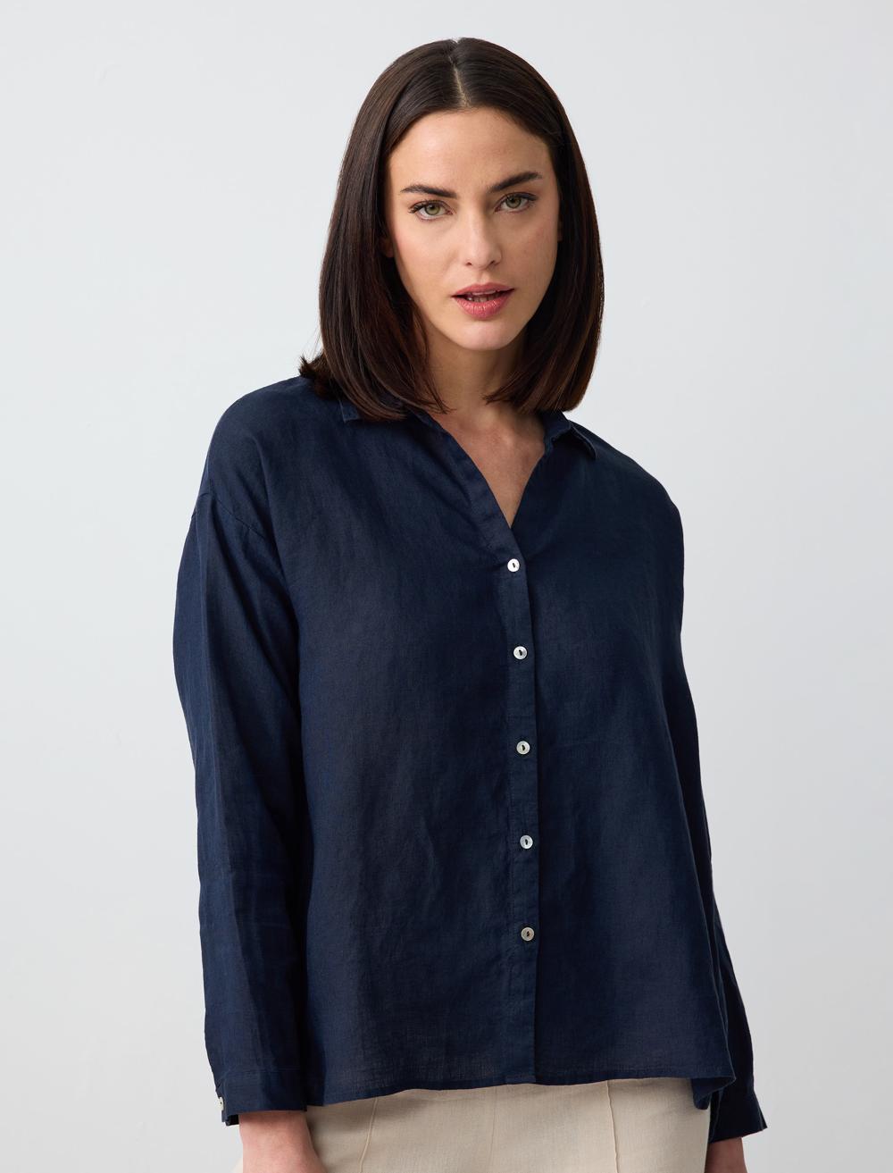 Shirt Collar Long-Sleeve Shirt - Dark Blue
