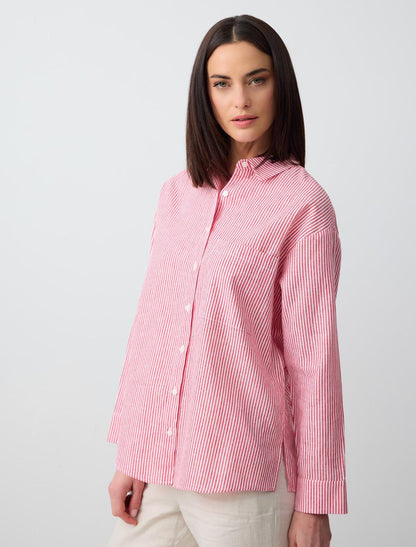 Long Sleeve Striped Linen Shirt with Pockets