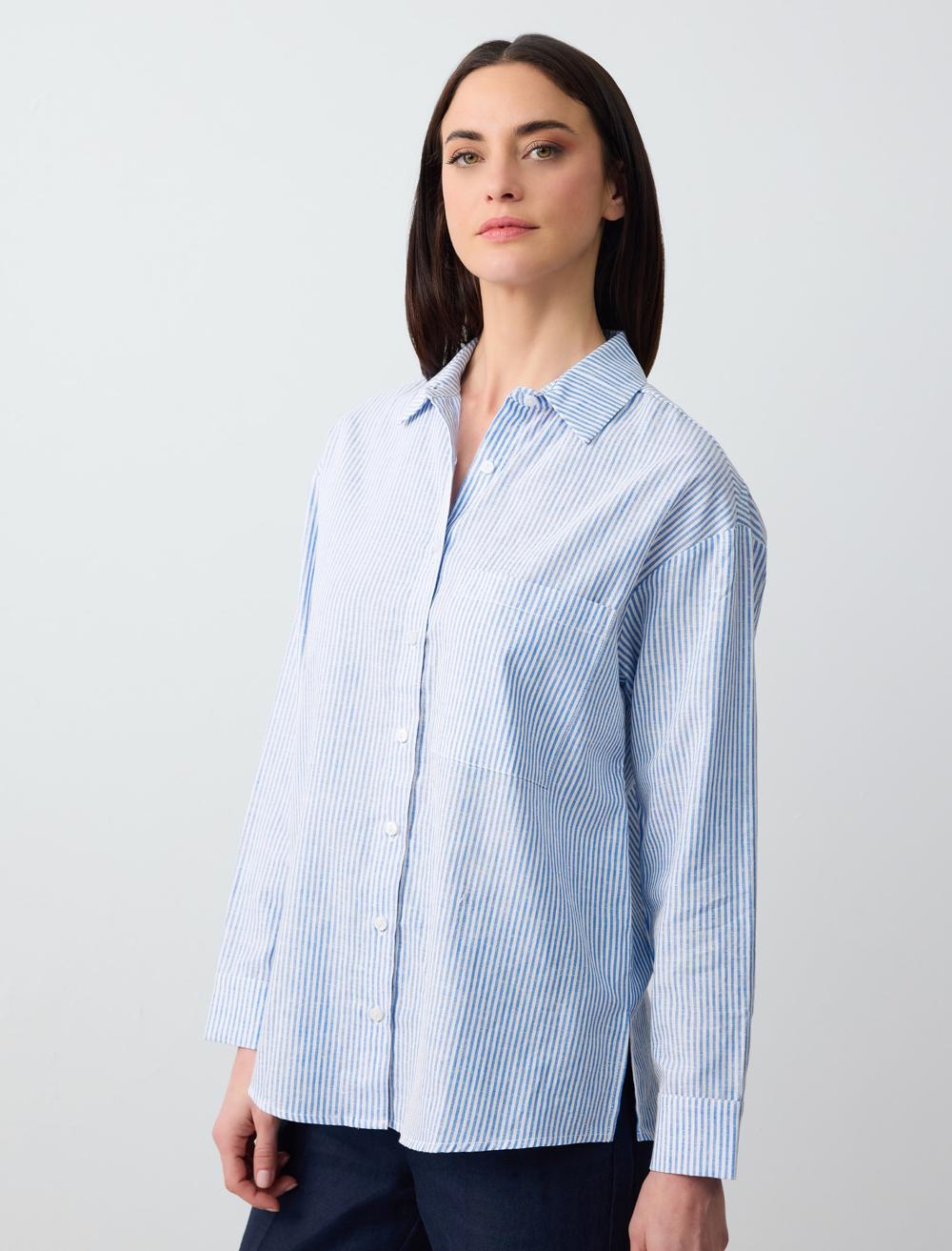 Long Sleeve Striped Linen Shirt with Pockets