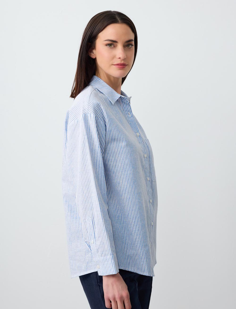 Long Sleeve Striped Linen Shirt with Pockets