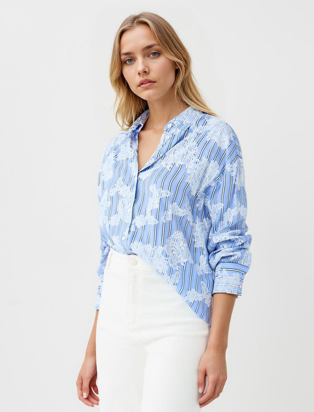 Shirt Collar Long-Sleeve Shirt - Blue - 5WW084934400