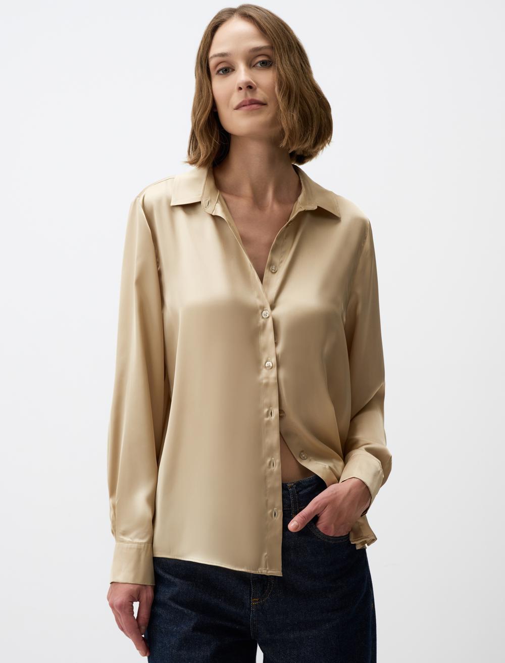 Long Sleeve Elegant Satin Shirt - Stone