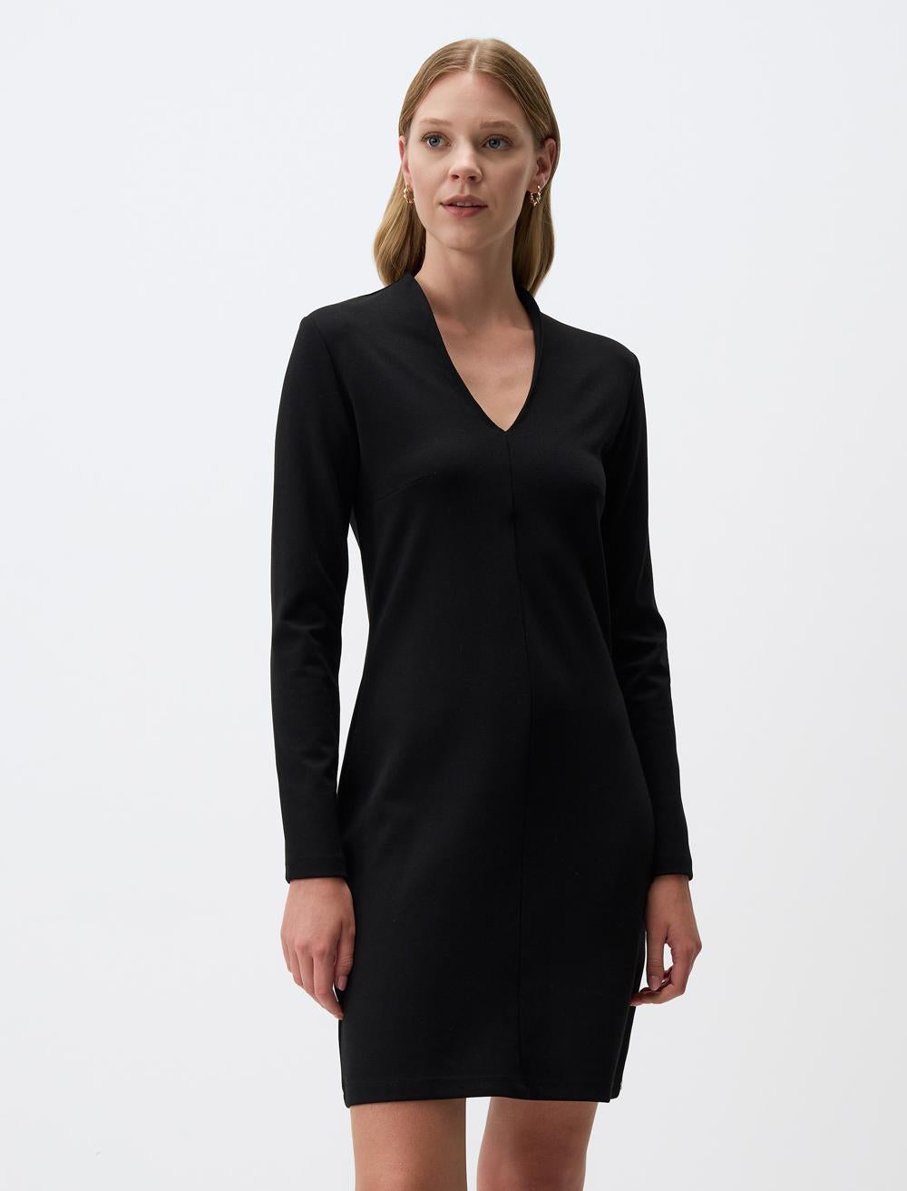 Long Sleeve V Neck Knitted Mini Dress