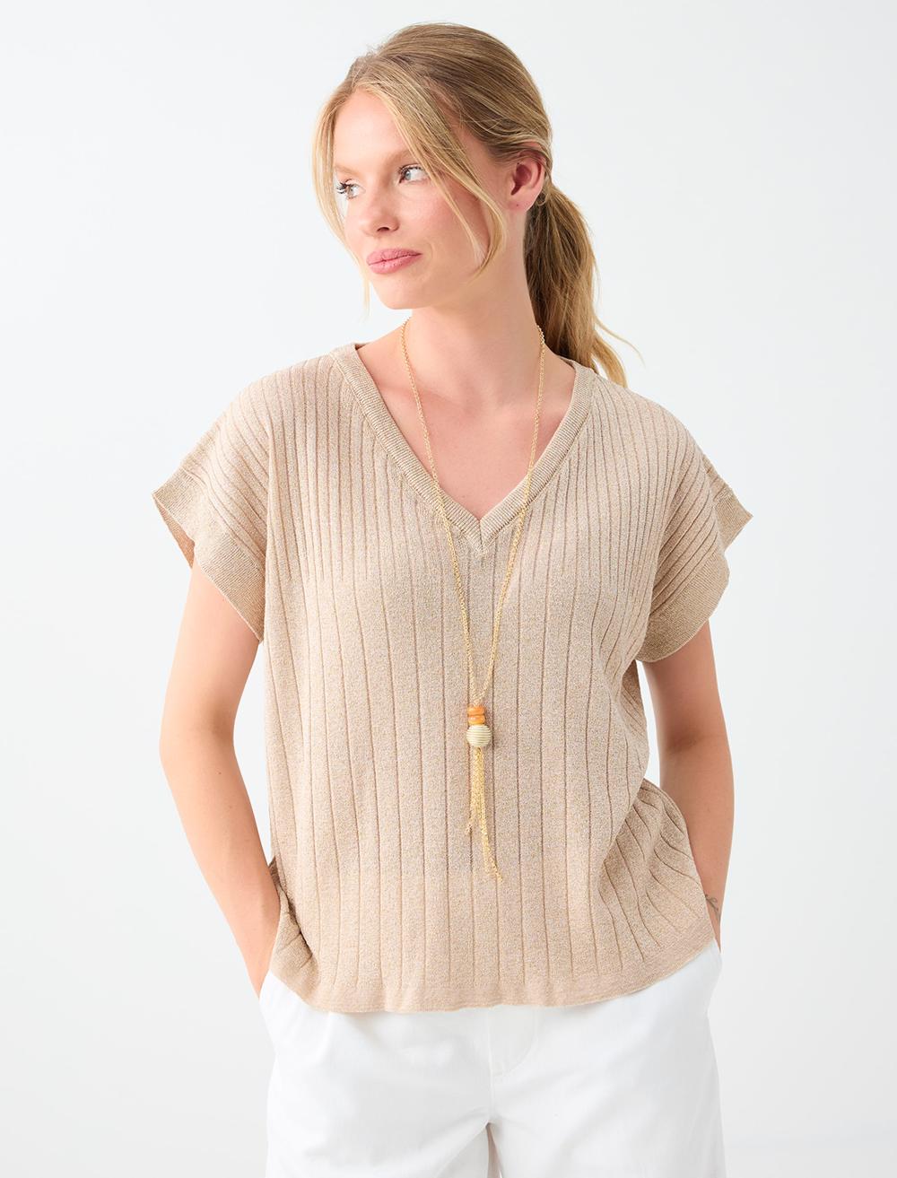 Loose Fit V-neck Blouse - Beige - 6SW035670988