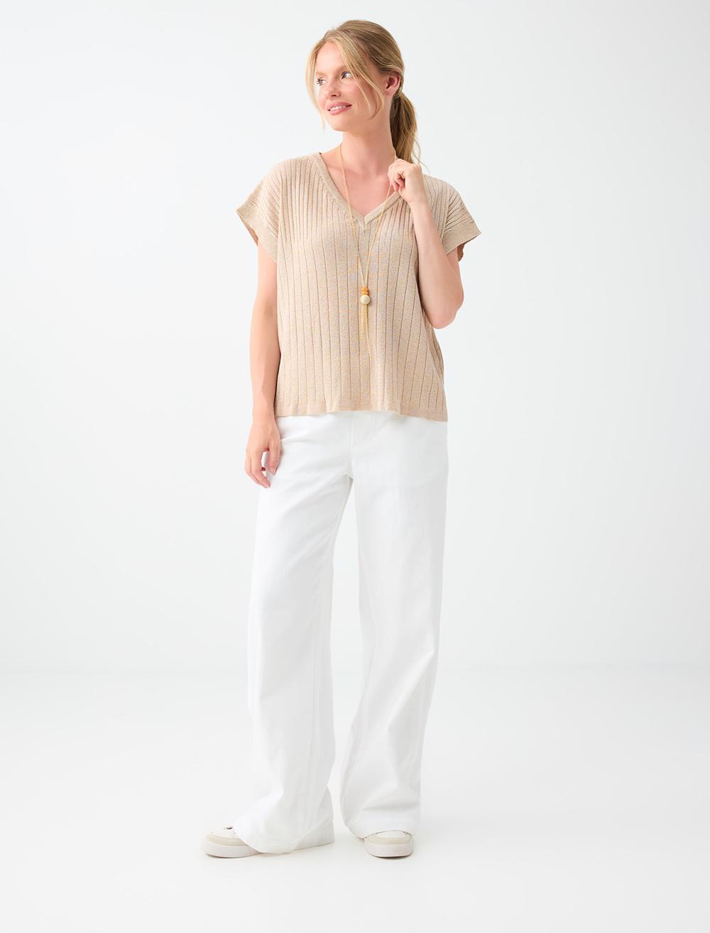 Loose Fit V-neck Blouse - Beige - 6SW035670988