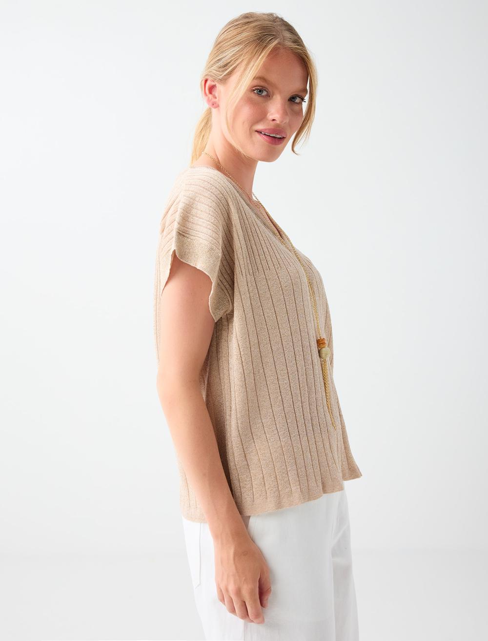 Loose Fit V-neck Blouse - Beige - 6SW035670988