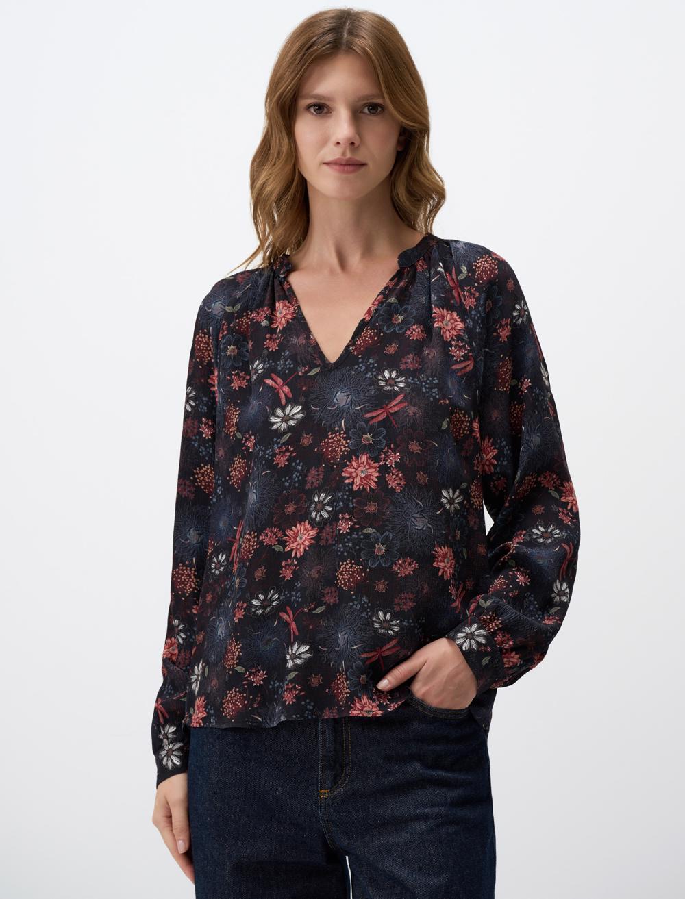 Loose Fit V-Neck Long-Sleeve Blouse - 4WW071416