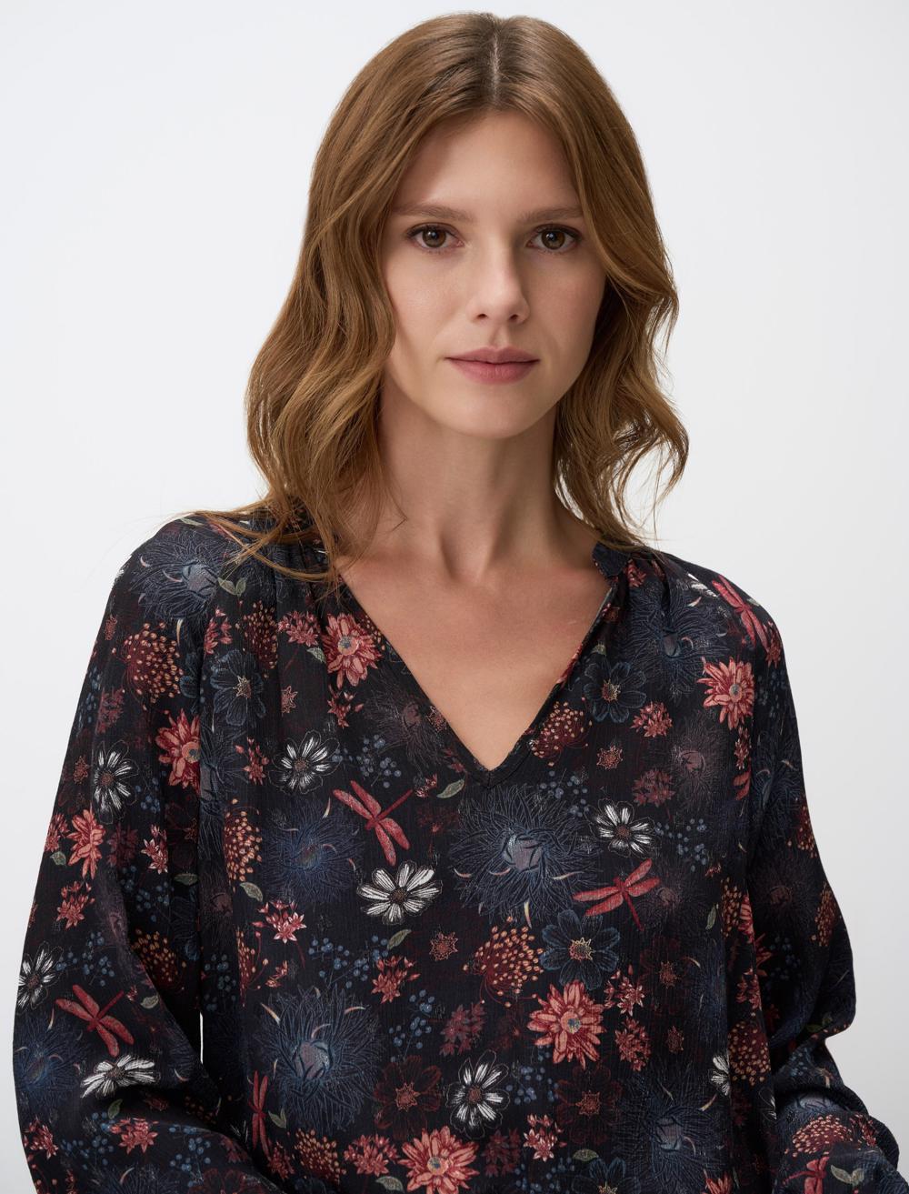 Loose Fit V-Neck Long-Sleeve Blouse - 4WW071416