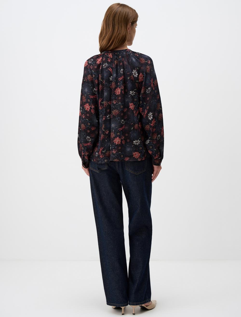 Loose Fit V-Neck Long-Sleeve Blouse - 4WW071416
