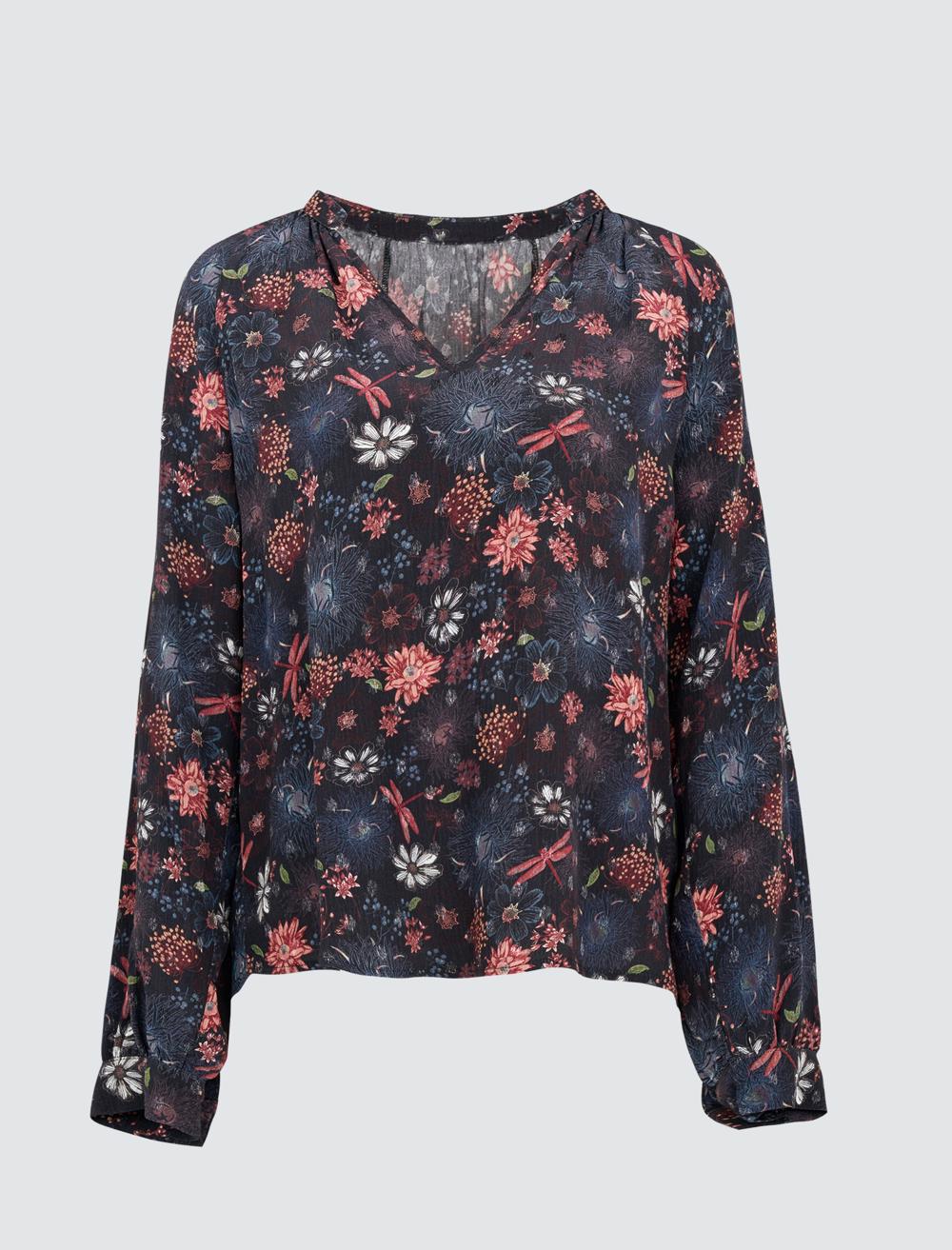 Loose Fit V-Neck Long-Sleeve Blouse - 4WW071416