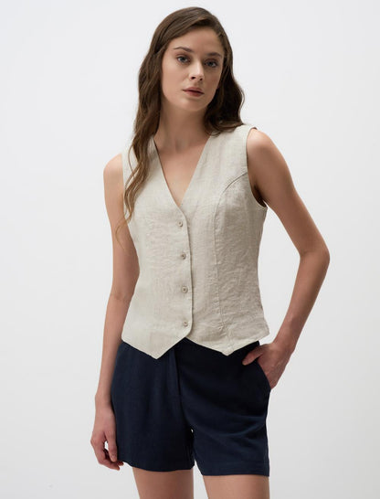 V-neck Sleeveless Plain Linen Vest